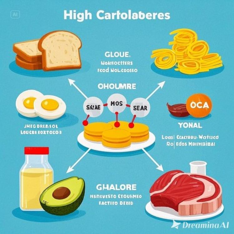 간세포 내부에서 탄수화물(포도당 분자)이 인슐린의 작용으로 HMG-CoA 환원효소를 통해 콜레스테롤로 변환되는 생화학적 과정을 도식화한 인포그래픽으로, 한쪽에는 고탄수화물 식품들(빵, 파스타, 설탕)이 콜레스테롤 공장을 가동시키는 모습, 다른 쪽에는 저탄수화물 식품들(고기, 계란, 아보카도)이 공장을 정지시키는 모습을 대비하여 표현한 의학적 일러스트레이션