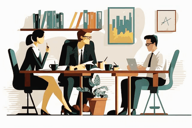 남자 직원 두명과 여자 직원 한 명이 탁자 앞에 둘러앉아 회사 업무와 관련된 대화를 나누고 있는 그림이다.