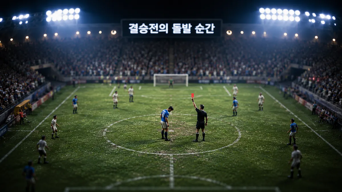 월드컵 결승전에서 벌어진 극적인 돌발 순간을 틸트 시프트 경기장으로 표현한 이미지