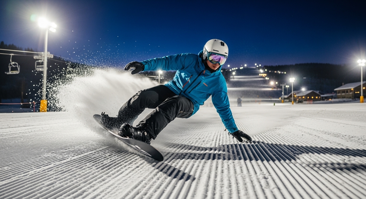 밝은 조명 아래 설원에서 스노보드를 타는 보더의 역동적인 모습. 밤에도 활기 넘치는 스키장의 매력을 보여줍니다.