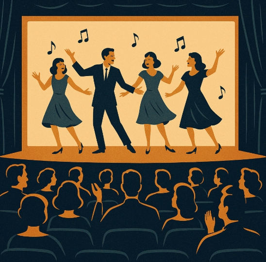 대형 스크린 속에서 배우들이 춤추며 노래하는 장면