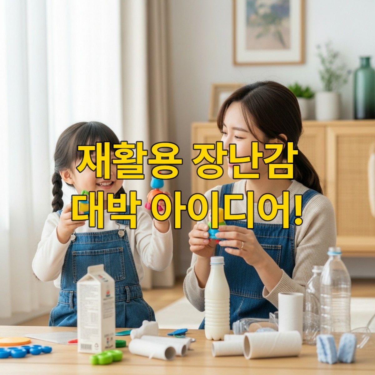 행복한 한국인 엄마와 아이가 집에서 재활용품으로 직접 만든 장난감으로 창의적인 놀이를 하는 모습.