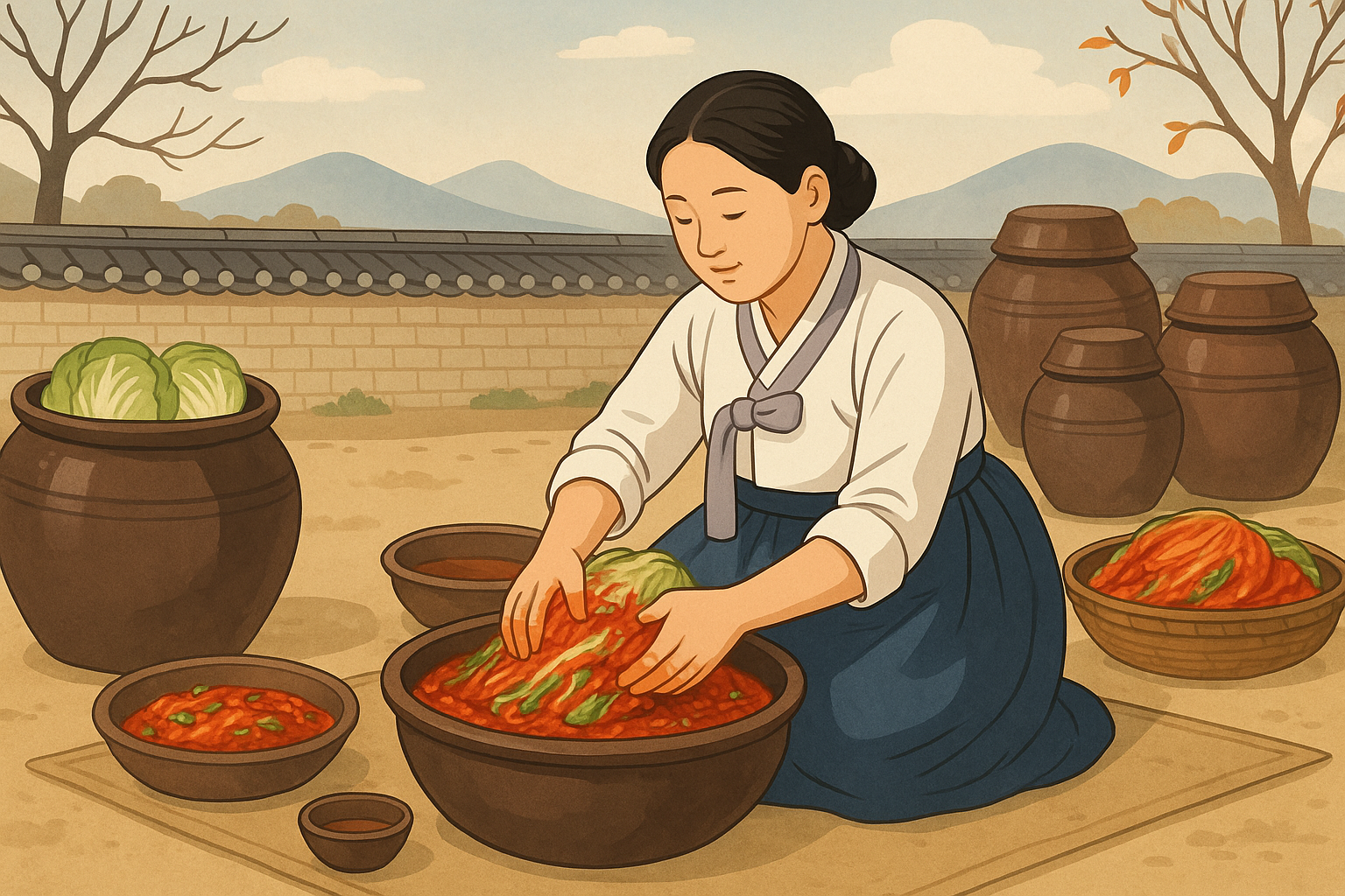 전통 한복을 입은 여성이 마당에서 배추에 양념을 버무리며 김장을 담그는 모습.