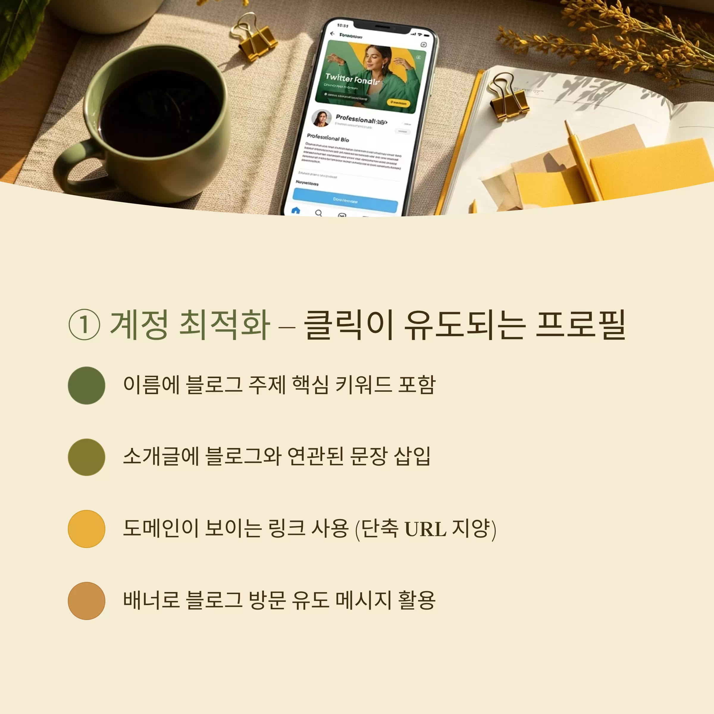 커피잔과 노트북 옆에서 트위터 프로필 화면을 열람 중인 스마트폰