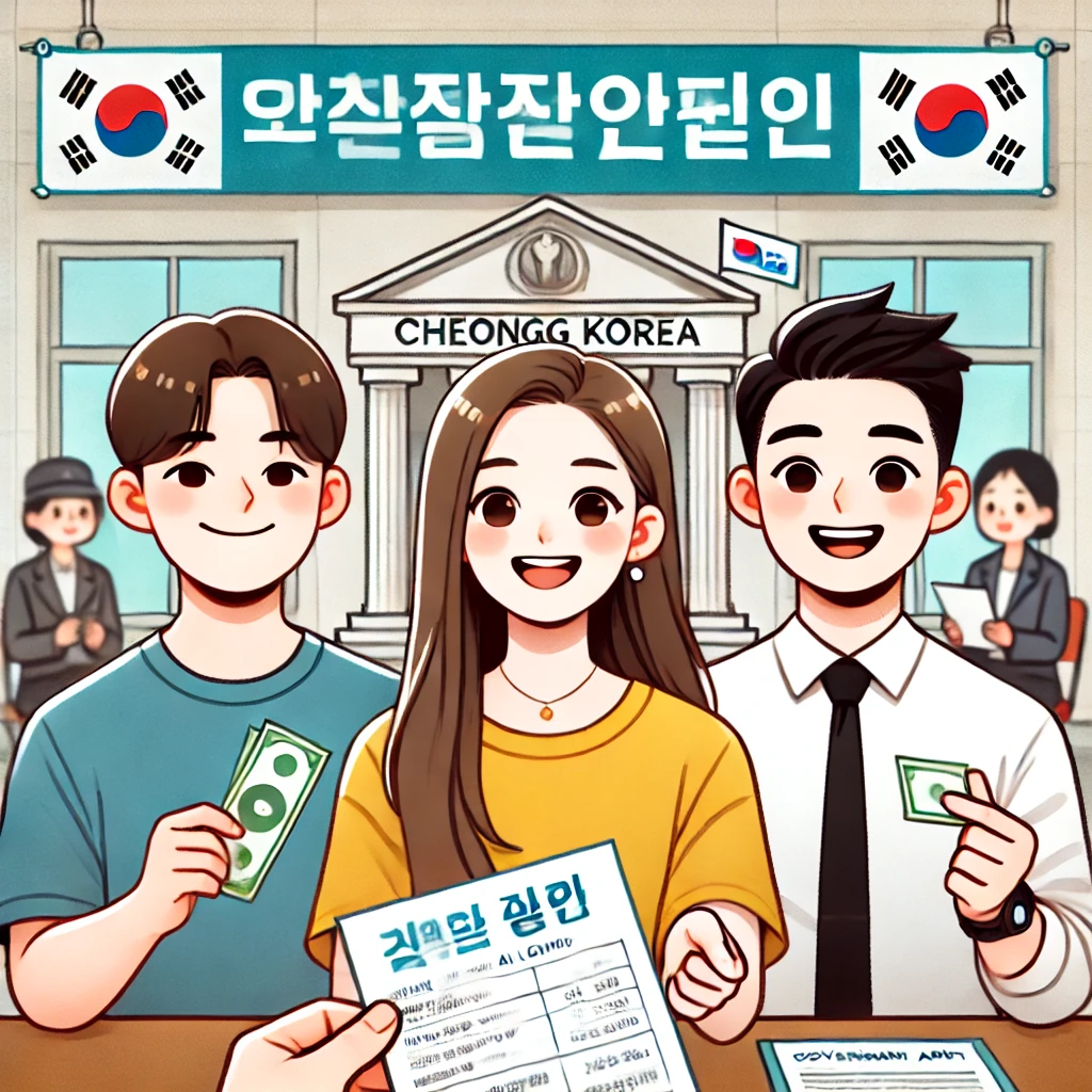 &quot;청양군 정부 지원을 받으며 기뻐하는 젊은 한국 남성과 여성. 배경에는 '청년수당' 관련 현수막이 걸려 있는 정부 사무실이 있으며, 밝고 희망적인 분위기가 강조됨.&quot;