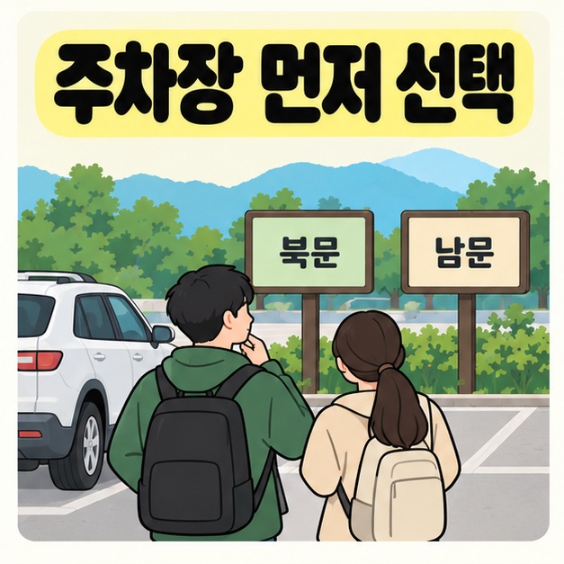 주차장 먼저 선택 문구 아래 자동차 옆의 두 방문객이 북문과 남문 표지판을 확인하는 삽화