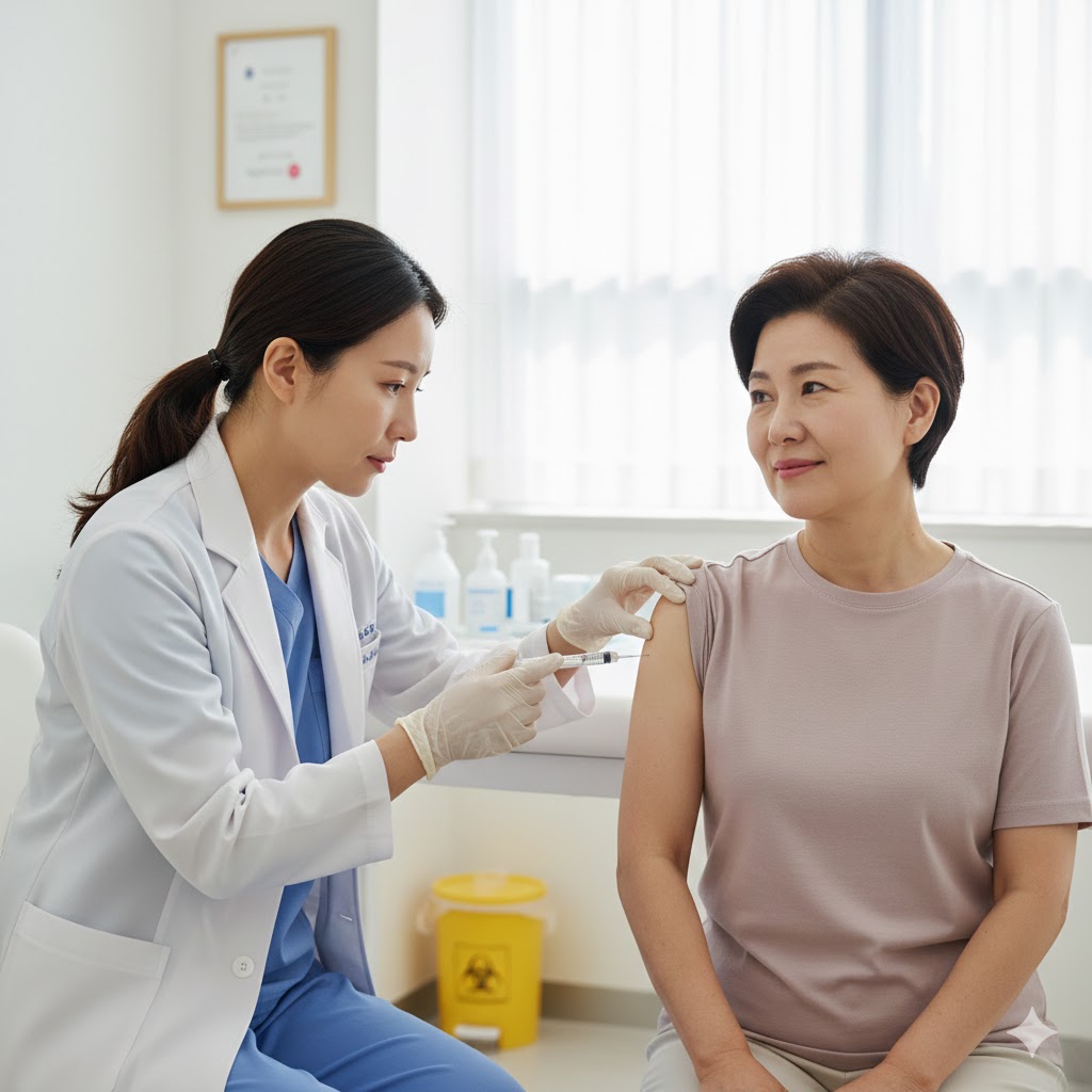 대상포진 예방접종 받는 중년 여성