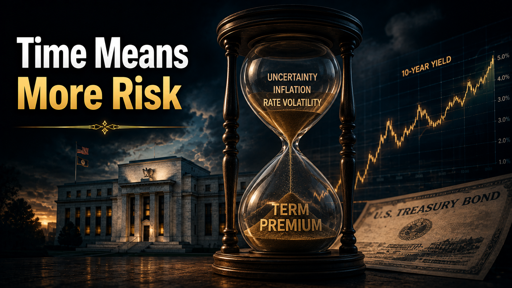 Hourglass representing time, uncertainty, and the additional return investors require through the Term Premium.
