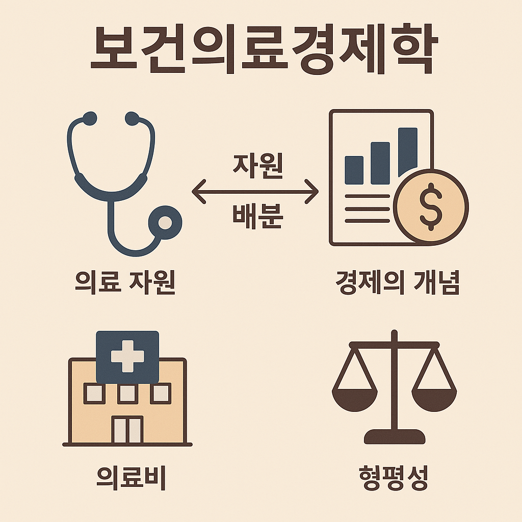 보건의료경제학에서 다루는 자원 배분과 효율성, 형평성, 비용-효과 분석, 의료 접근성 문제 등을 시각적으로 정리한 인포그래픽. 병원, 의료비, 병상, 균형 저울, 분석 그래프 등의 아이콘이 조화롭게 배치되어 의료와 경제 사이의 핵심 쟁점을 표현함.
