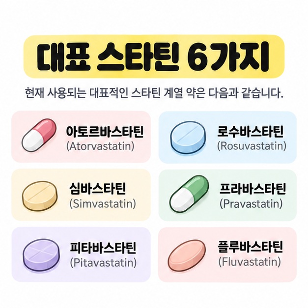 아토르바스타틴, 로수바스타틴, 심바스타틴, 프라바스타틴, 피타바스타틴, 플루바스타틴을 정리한 카드