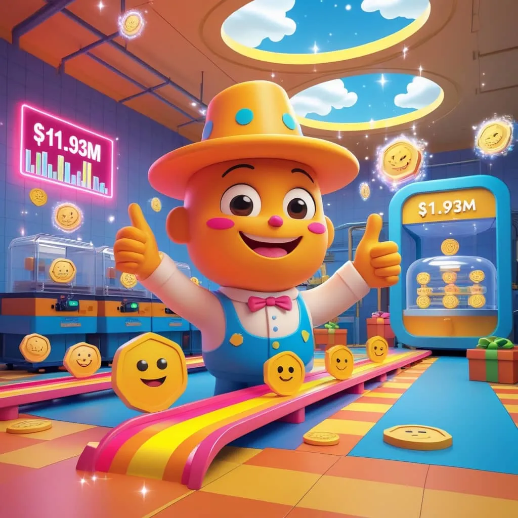 선펌프의 밈코인 발행을 캔디삽에 비유하여 풍자적으로 나타낸 이미지. 곳곳에 트론코인을 상징하는 코인 아이콘이 배치되어 있다.