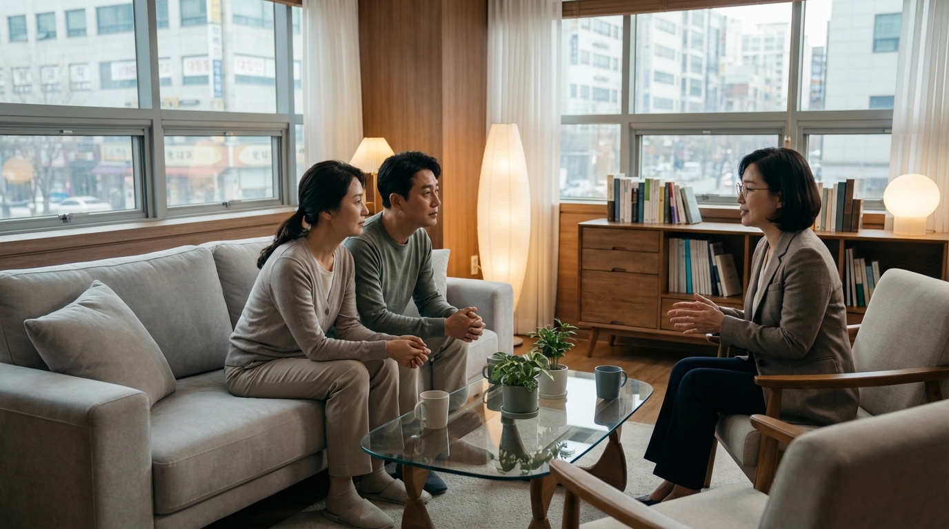 한국인 부부가 전문가와 육아 스트레스 상담을 받는 모습