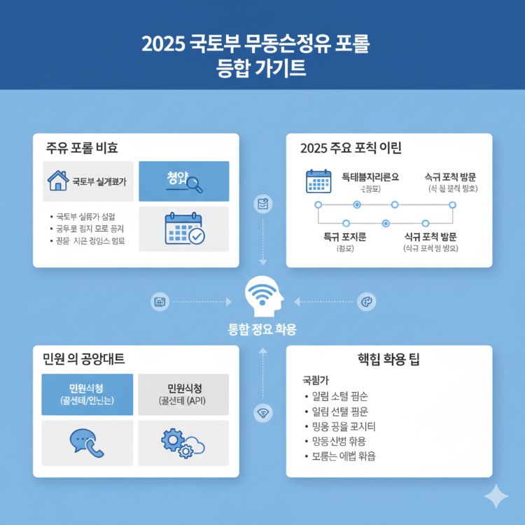 &ldquo;국토부 실거래가 공개시스템, 청약홈 비교, 2025 정책 일정, 민원 포털, 공공데이터 활용법을 한 시야에 보여주는 인포그래픽&rdquo;