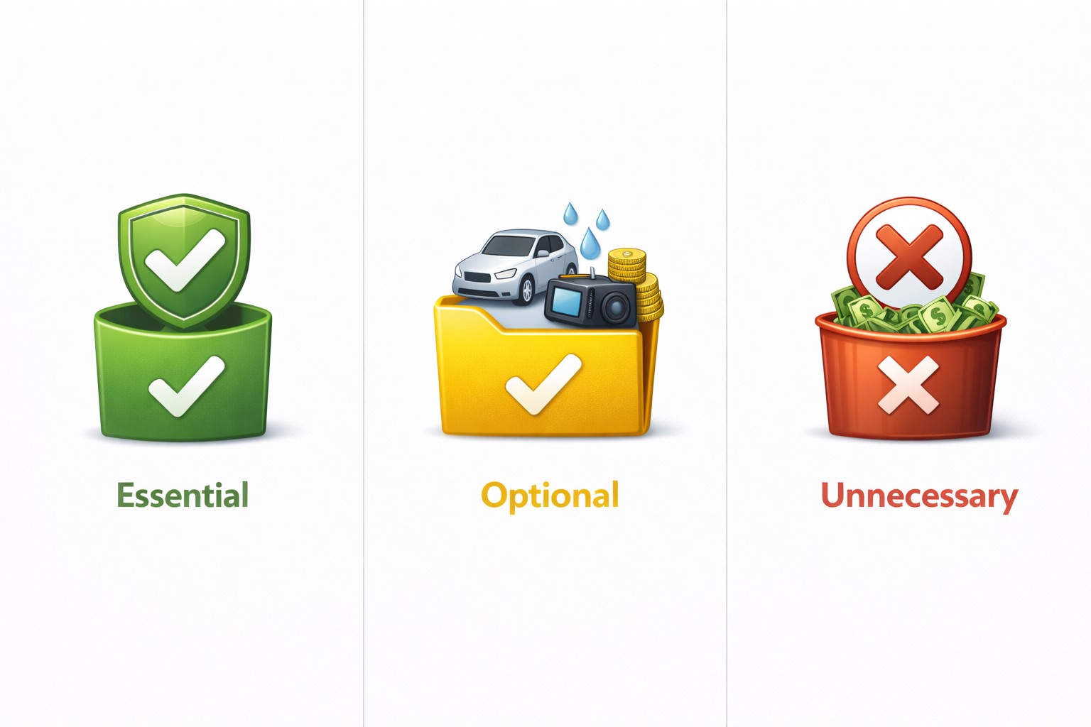 자동차 보험 특약을 필수와 선택, 불필요로 나누는 기준을 아이콘으로 대비한 텍스트 없는 다이어그램