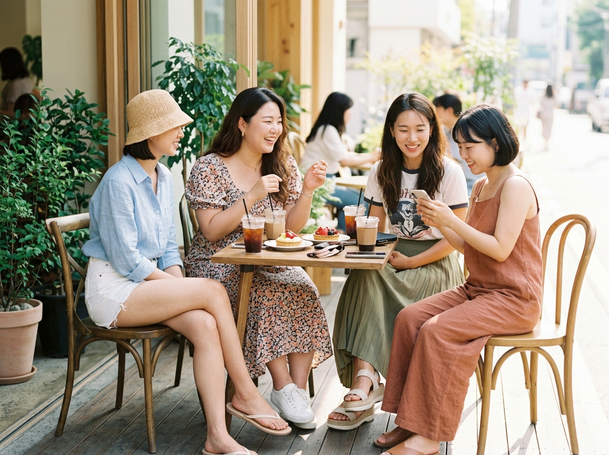 Diverse group of stylish women in bright summer outfits, various body types, confident poses, soft natural light, Korean street fashion, cheerful and fashionable atmosphere, editorial style photography