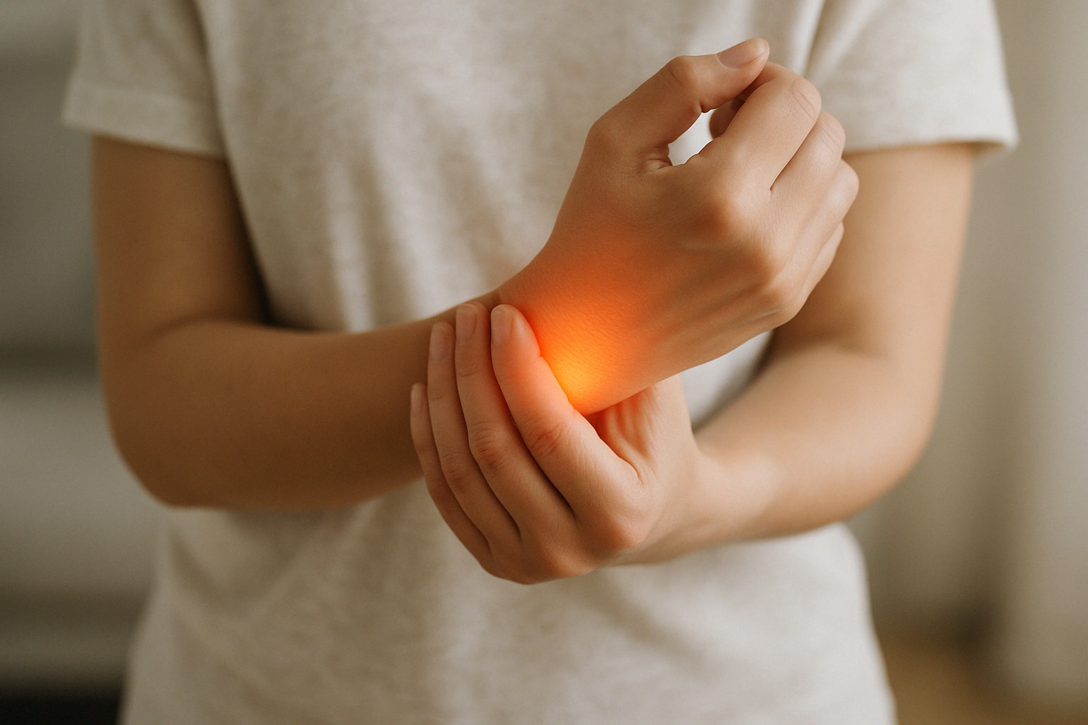 손목을 아파하며 잡고 있는 사람