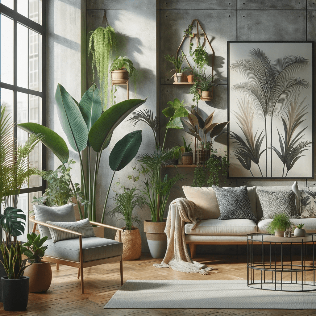 An image showcasing indoor plants like Sansevieria and Areca palm, known for enhancing indoor air quality.