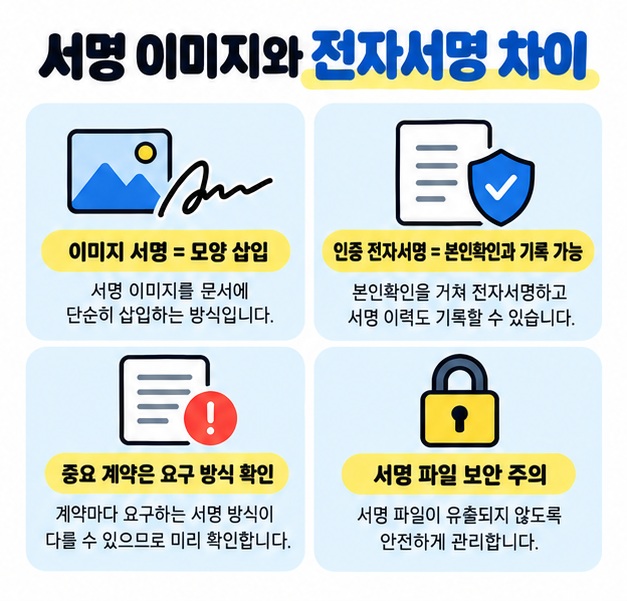 단순 서명 이미지와 인증 기반 전자서명의 차이, 중요한 계약과 기관 제출 시 요구 방식을 확인해야 한다는 점을 정리한 카드