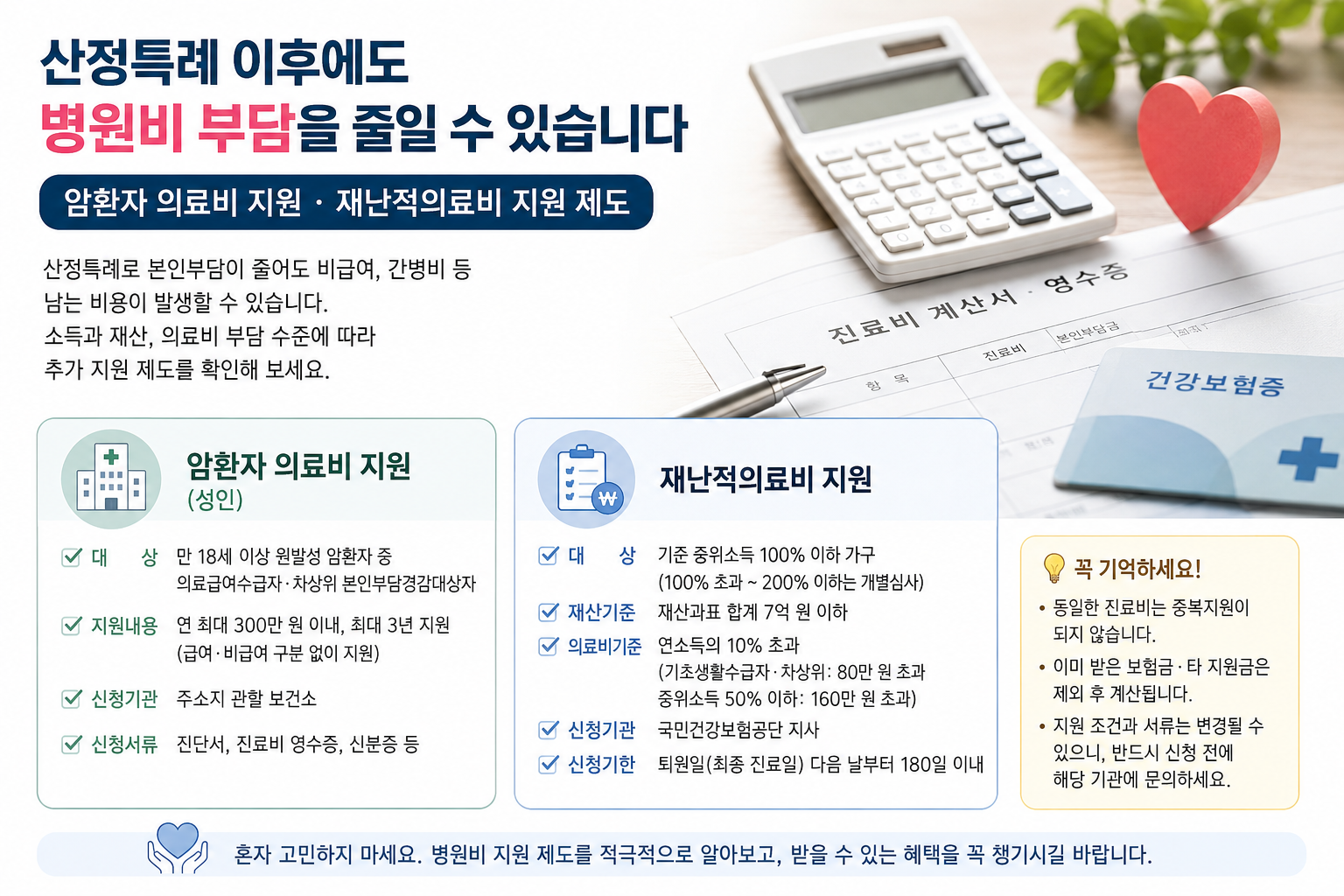 산정특례 이후 암환자 의료비 지원과 재난적의료비 지원 조건을 비교한 병원비 지원 안내
