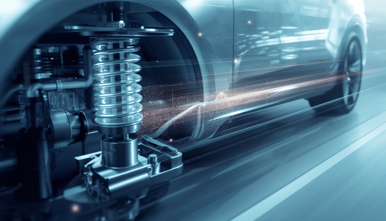 3D technical illustration of a high-tech car air suspension system, highlighting precision engineering and air pressure control.