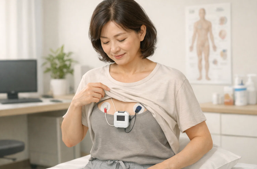 병원 진료실에서 홀터 심전도 기기를 착용한 모습, 부정맥 검사를 위한 24시간 심전도 검사 준비 장면