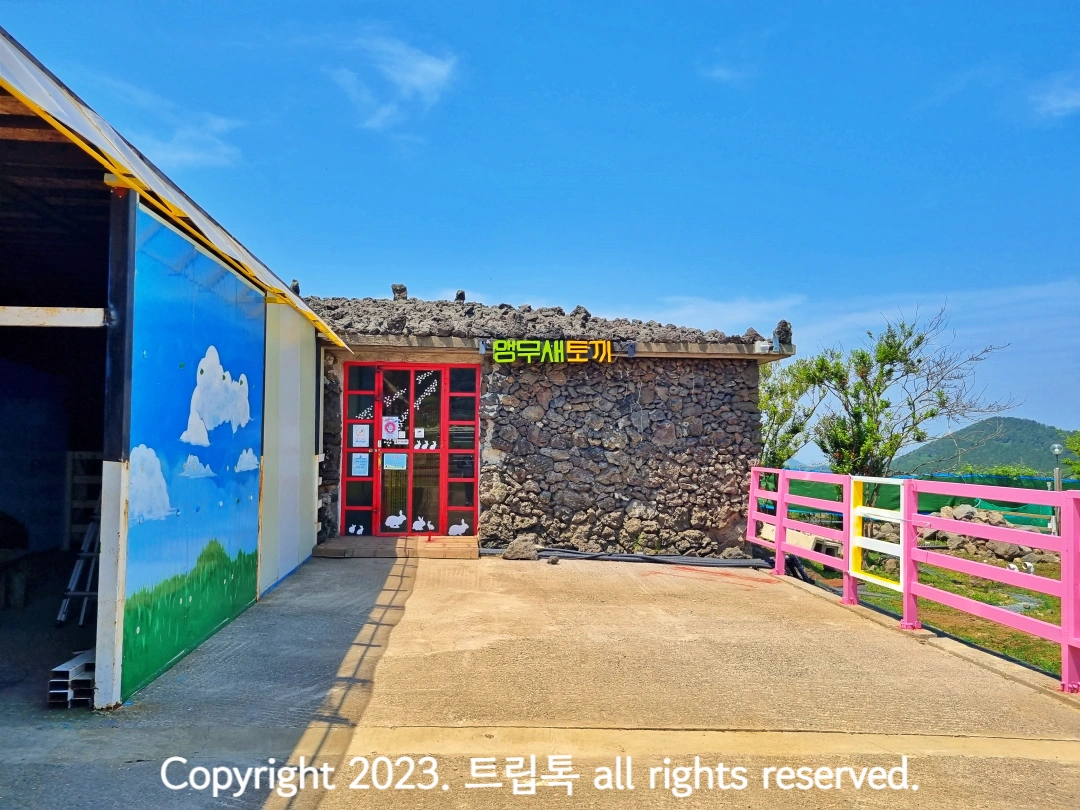 빨간 문 옆에 앵무새 토끼라고 적힌 건물 입구