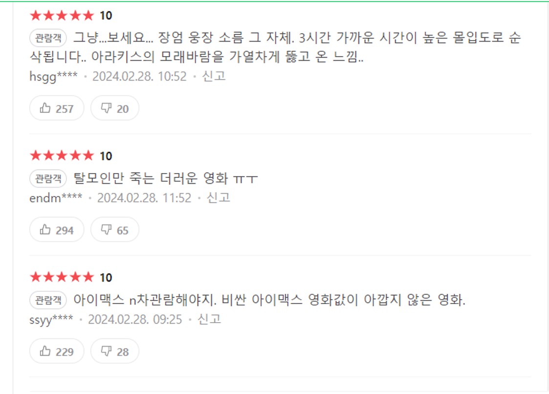 듄 파트 2 관람객 평점