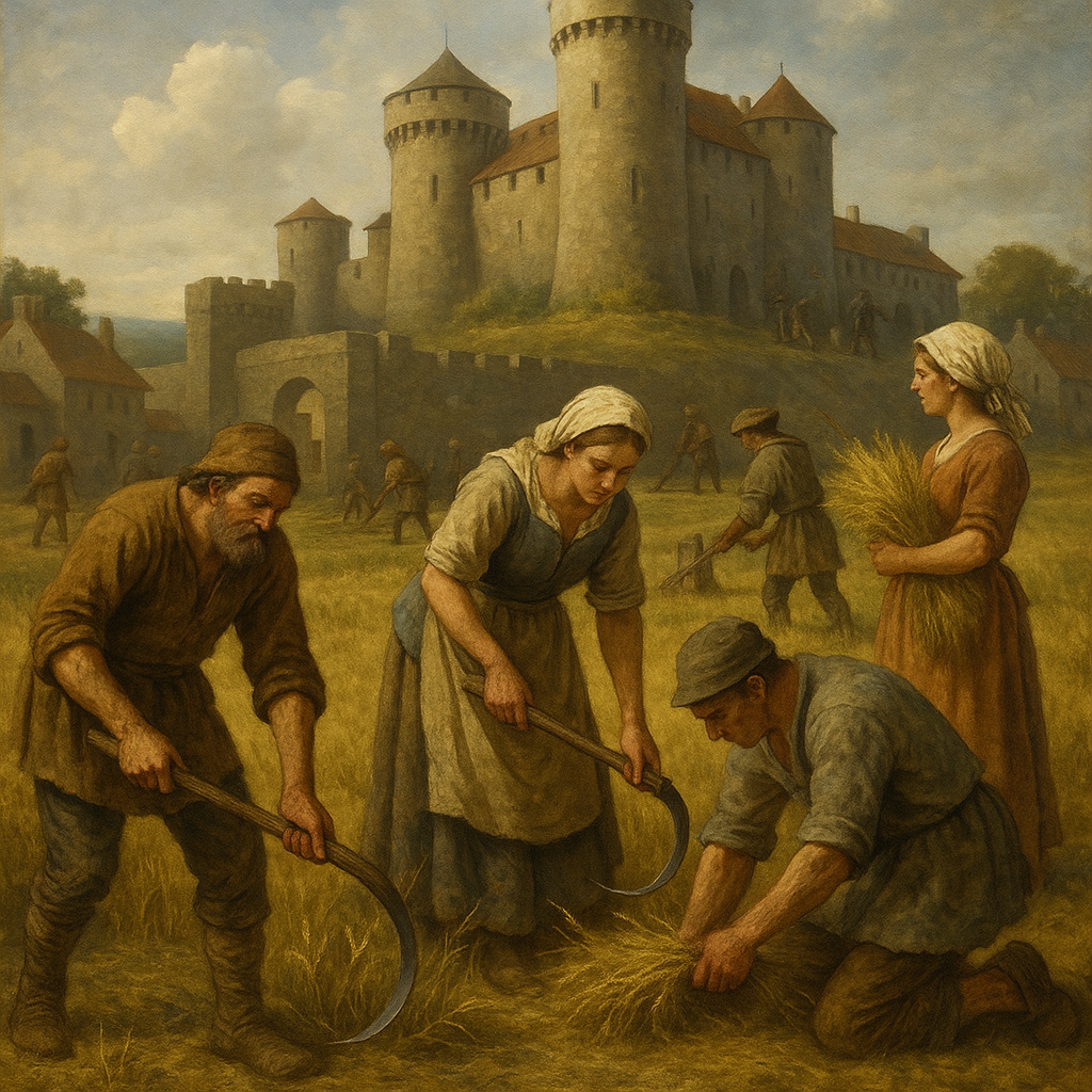 중세 농민과 농노들이 들판에서 농사 참여 이미지