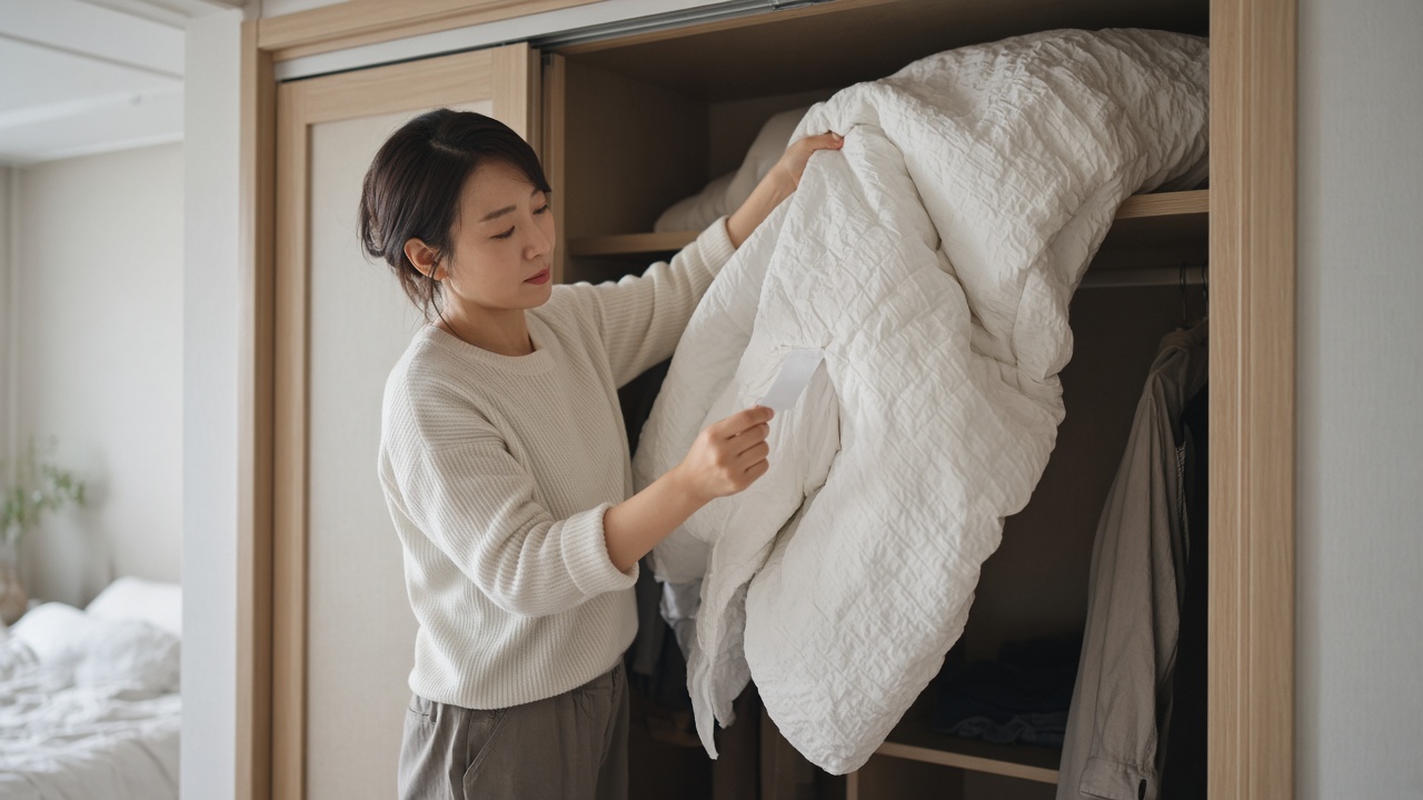 장롱에서 겨울 이불을 꺼내 소재 라벨을 확인하는 30대 한국인 여성