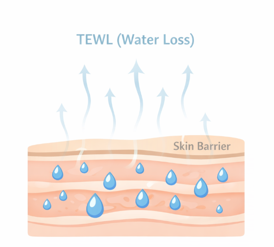 경피수분손실(TEWL), 피부 장벽을 통과해 수분이 외부로 증발하는 모습 이미지