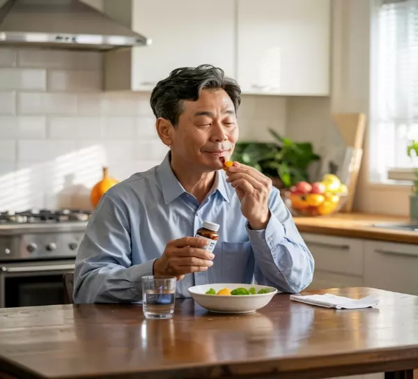 식사 후 영양제를 먹고 있는 50대 남성