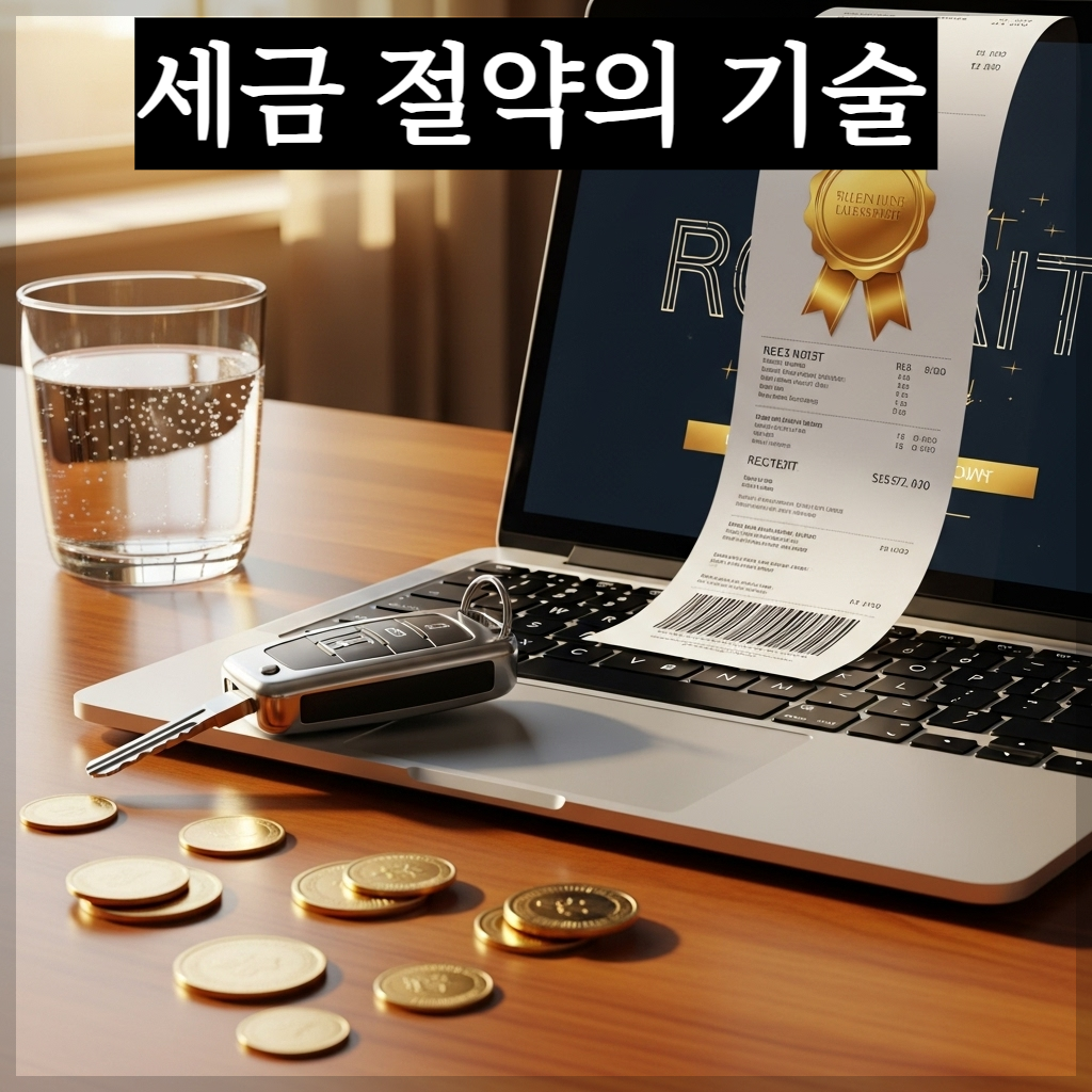 황금빛 햇살이 비치는 책상 위에 자동차 열쇠와 노트북이 놓여 있고, 노트북 화면에는 '자동차세 완납'이라는 글자와 함께 그래프가 상승하는 모습. 주변에는 반짝이는 금화와 맑은 물이 담긴 잔이 놓여 있어 재물운과 정화의 기운을 상징하는 고화질 사진