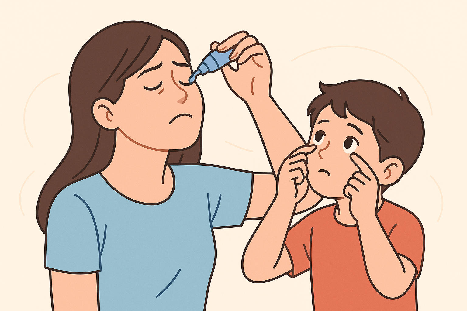 눈에 이물질이 들어갔을 때 여성이 인공눈물로 세척하고 어린아이가 걱정하며 지켜보는 모습