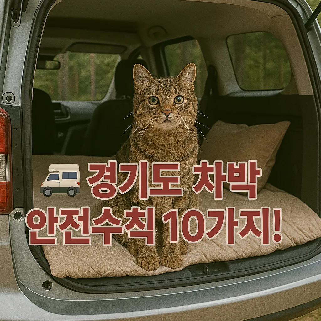 경기도 숲속 차박 캠핑 차량 뒷좌석에 담요와 베개를 깔고 앉아 있는 갈색 줄무늬 고양이 경기도 차박, 차박 안전수칙