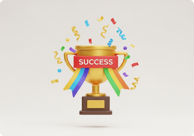 성공적인 대출 승인을 축하하는 트로피와 색종이