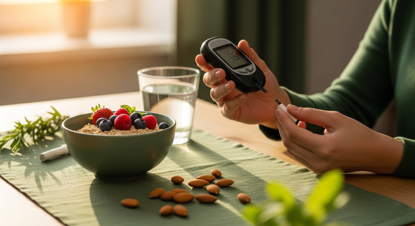 아침 햇살이 비치는 창가에서 한 사람이 공복 혈당을 측정하고 있으며, 옆에는 건강한 아침 식사가 놓여있습니다. 건강한 혈당 관리를 시작하는 평화로운 모습입니다.
