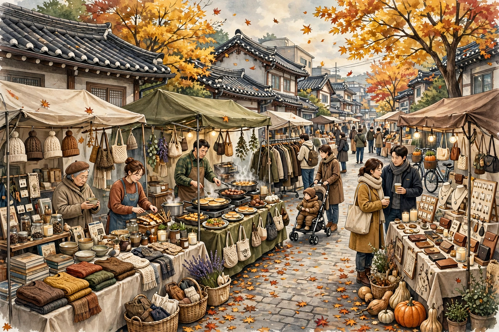 가을 축제 플리마켓 거리 상점 일러스트