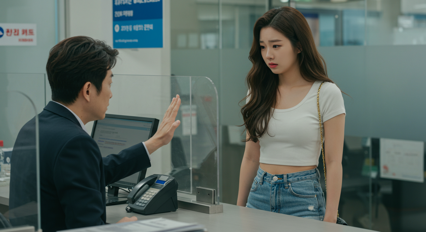 은행헤서 거절당하고 있는 한국 여성.