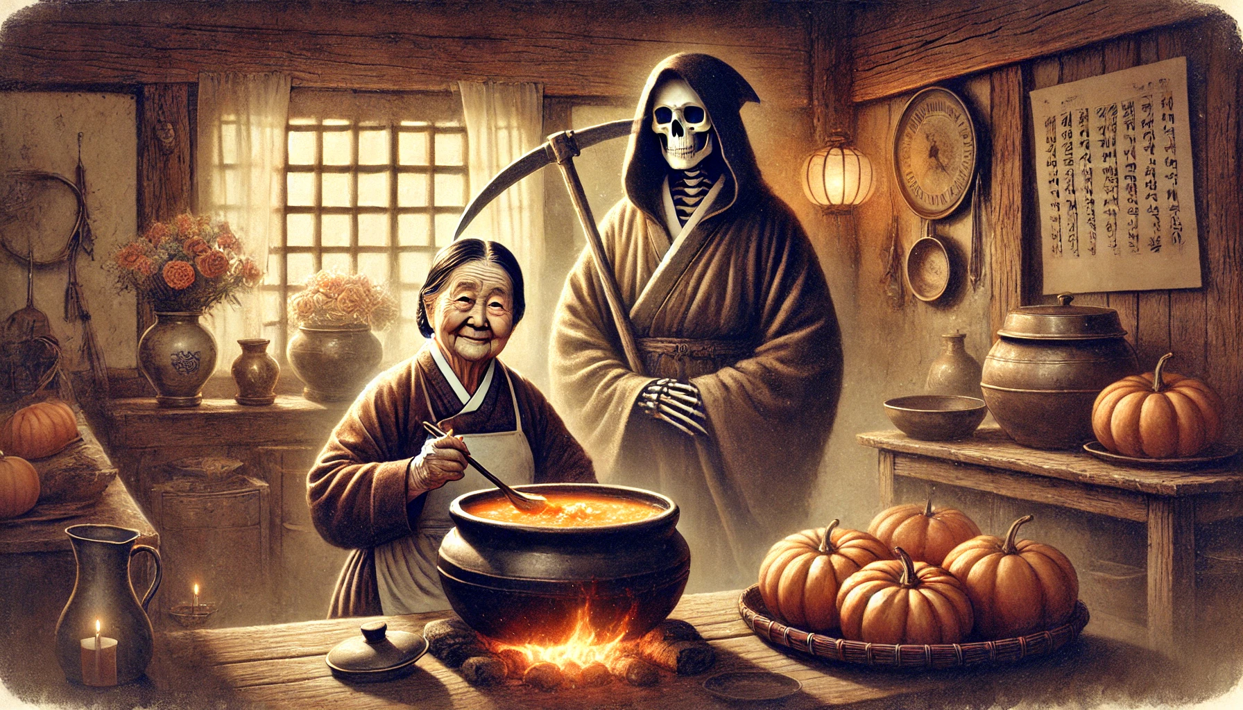 호박죽을 끓이던 한 할머니와 저승사자 사이에 맺어진 특별한 인연.