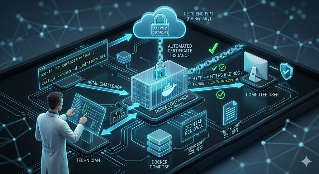 Nginx 컨테이너 HTTPS 구조도 (인포그래픽)