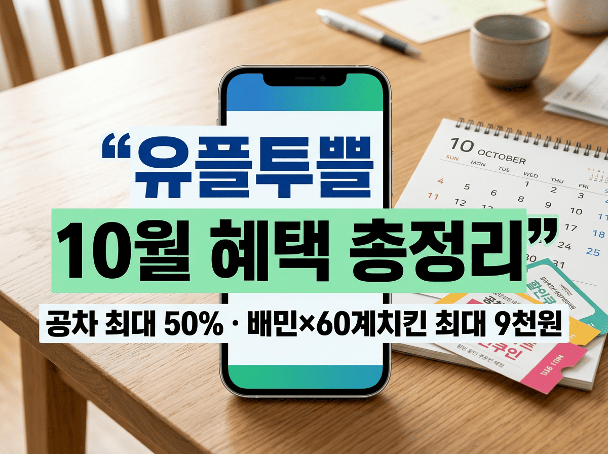 스마트폰과 10월 달력, 할인 쿠폰이 함께 배치된 유플투쁠 10월 혜택 총정리 이미지
