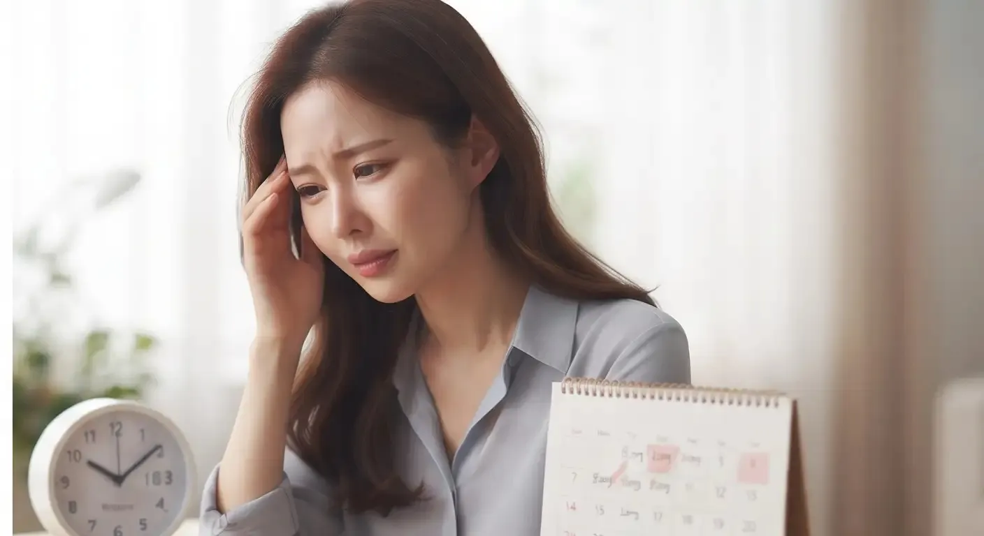 탁상시계와 캘린더 옆에서 두통을 느끼며 힘들어하는 30대 여성 직장인