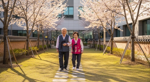요양원 마당에서 산책하는 노인들