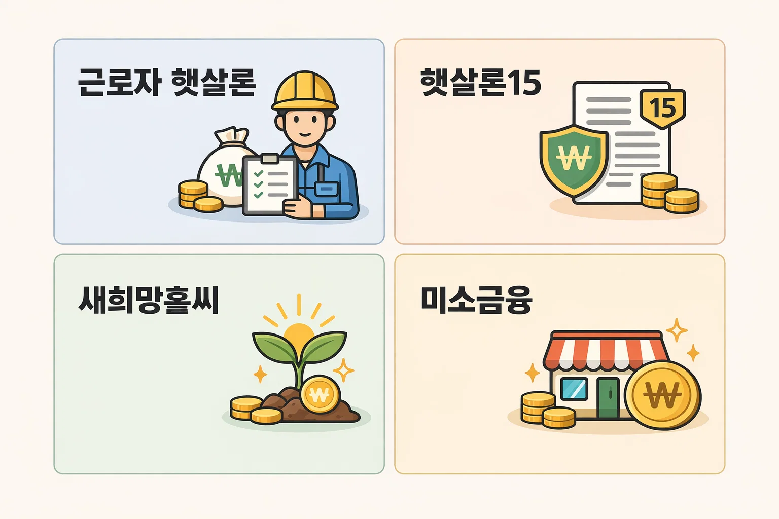 정부지원 저금리 서민대출 주요 상품인 근로자햇살론&middot;햇살론15&middot;새희망홀씨&middot;미소금융의 특징을 비교해 선택 기준을 제시한 인포그래픽