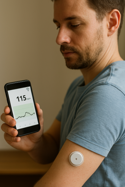 연속혈당측정기 사용, CGM 센서, 혈당 모니터링, 당뇨 스마트헬스케어, 혈당 데이터 확인