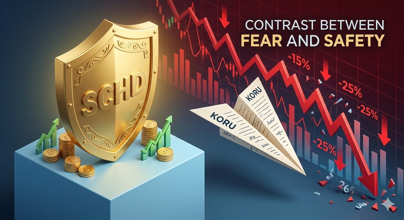 급락하는 붉은색 차트 위로 'KORU'가 떨어지고, 그 옆에서 황금빛 방패를 든 'SCHD'가 버티고 있는 대비적인 그래픽