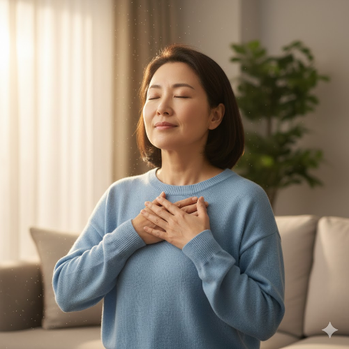 평온하게 심호흡을 하며 가슴에 손을 얹은 중년 여인