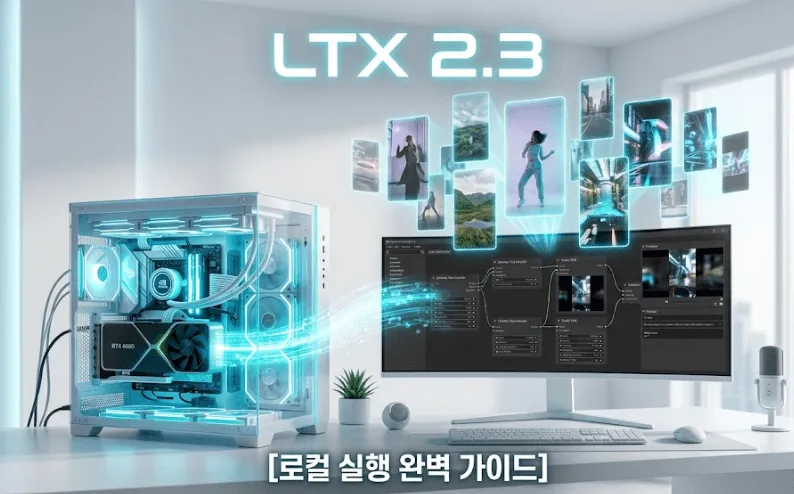 LTX 2.3: 밝고 미니멀한 미래형 사무실의 깨끗한 흰색 책상 위에 고사양 데스크톱 PC 워크스테이션이 배치되어 있다. 투명한 케이스의 PC 내부에는 청록색 LED 조명이 GPU와 팬을 강조하며 수랭 시스템이 보인다. GPU에서 시작된 흐르는 데이터 스트림이 역동적으로 와이드 모니터와 그 위에 떠 있는 다수의 세로형 홀로그램 비디오 패널로 이어진다. 모니터 화면에는 ComfyUI 같은 노드 기반 로컬 AI 워크플로 인터페이스가 표시되어 있으며, 홀로그램 패널은 춤추는 사람, 풍경, 도시 등 다양한 AI 생성 콘텐츠를 보여준다. 최상단에는 'LTX 2.3'이, 최하단에는 '[로컬 실행 완벽 가이드]'가 적혀 있다. (LTX 2.3, local AI, video generation, workstation, holograms, ComfyUI, RTX 4090, local execution)