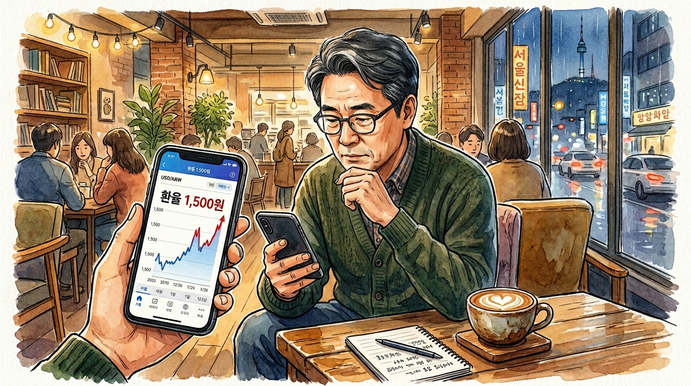 고환율과 핸드폰의 상승하는 달러 그래프를 보며 고민하는 투자자의 모습.