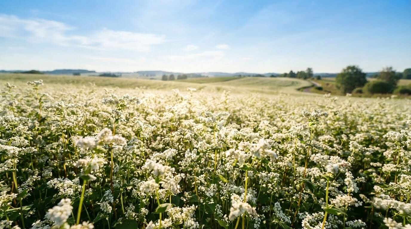 하얀 메밀꽃이 만개한 여름철 메밀밭 전경